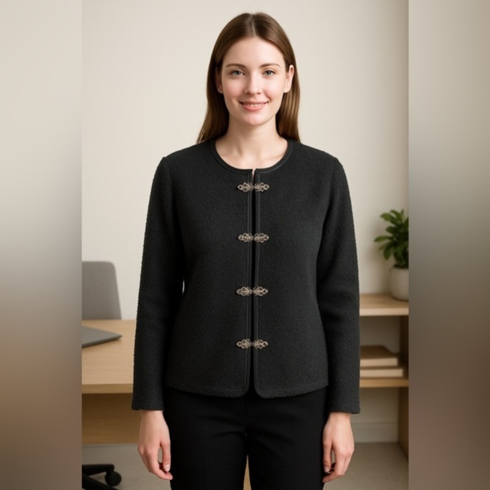 Cathy Daniels VTG? Women's Black Metal Frog Closure Boucle Jacket EUC L #1419